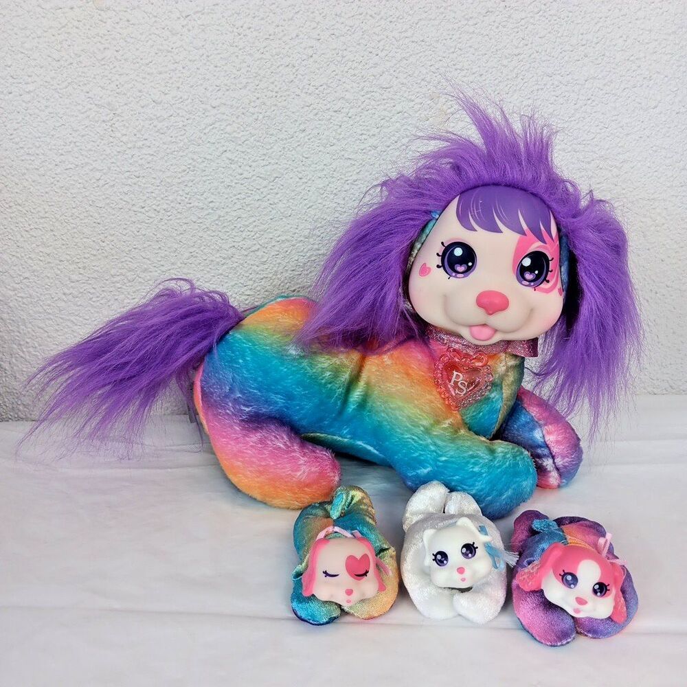 Puppy Surprise Plush Rainbows & Hearts CHERRY Plush Dog & Her 3 Puppies Purple